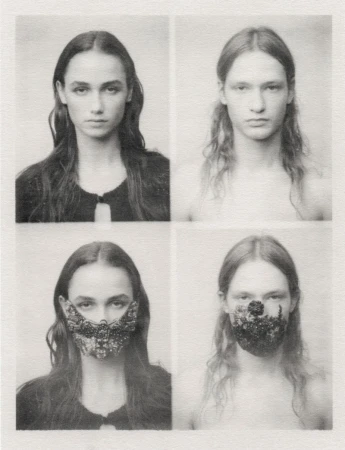 Grayscale portraits of two young adults, one male and one female, with and without decorative face masks, symmetrically arranged.