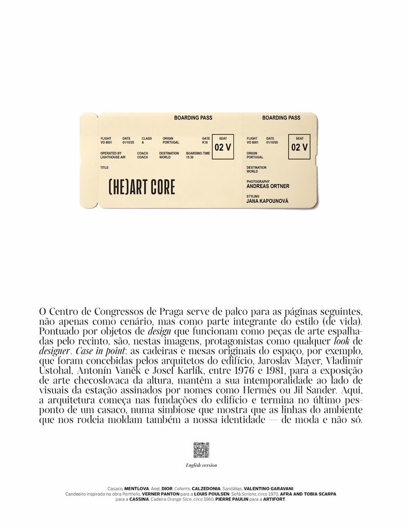 Close-up of a light yellow boarding pass with dark text indicating flight details, operated by Lighthouse, displaying (HE)ART CORE.