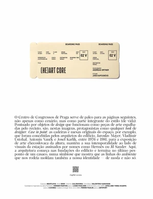 A vintage-style beige boarding pass graphic titled HEART CORE above Portuguese typography on a white editorial magazine page.