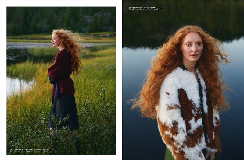 Two portraits of a red-haired woman in nature. One stands in a grassy field; the other poses by dark water with a patterned jacket.