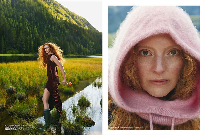 A fashion editorial shot outdoors with a red-haired woman in a brown dress holding a flower, plus a close-up of a model in a pink hoodie.