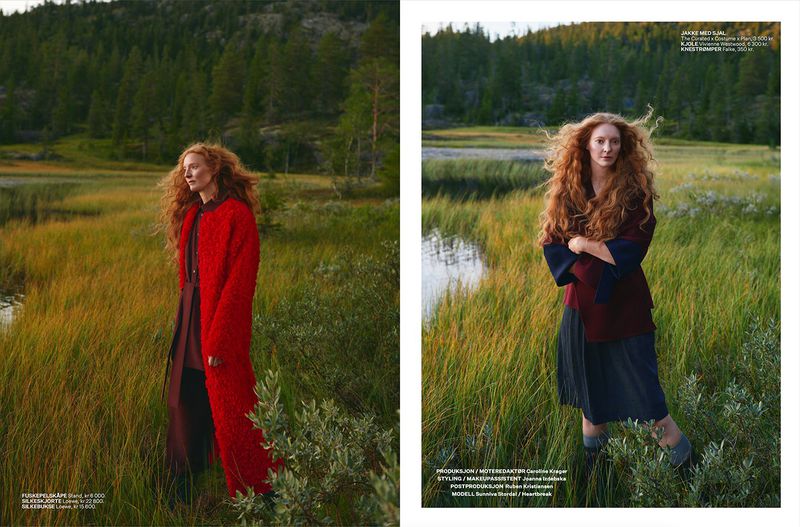 Two images feature a fair-skinned woman with red hair in a field with forest background, wearing stylish outdoor fashion.