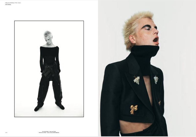 Two studio shots of a blond adult male fashion model, one full-length in a black outfit, one upper body in a blazer.