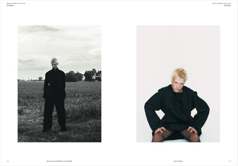 Editorial fashion shot of a young adult with platinum blond hair, wearing black clothing, outdoors and in a studio on white backdrop.
