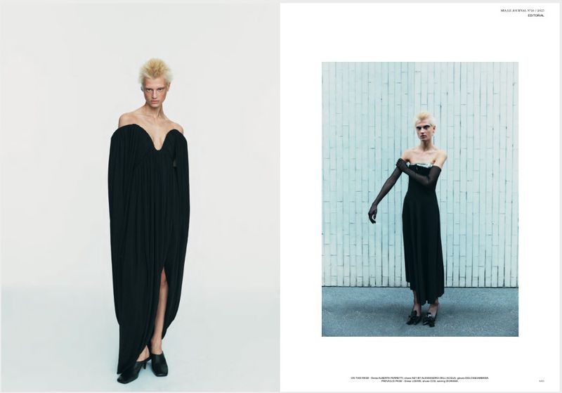 Two images showcase a model in a long black gown against a stark white backdrop and textured gray wall, respectively, for a fashion editorial.