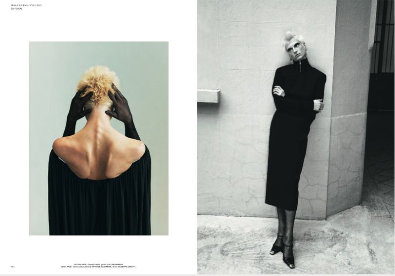 Monochrome fashion shot featuring a blonde woman in black dress leaning against a wall, plus a woman's back and gloved hands.