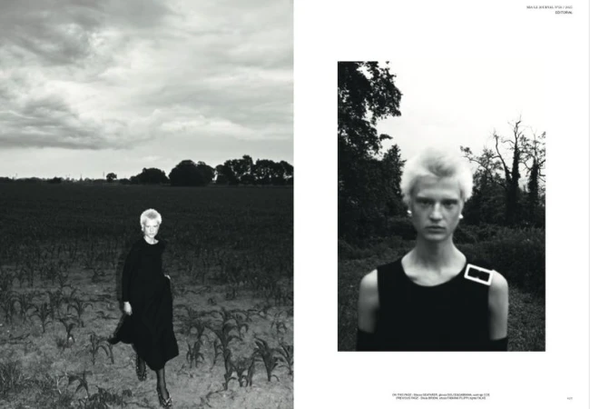 Monochrome fashion layout showing a model in a dark dress walking in a sparse field and a close-up portrait against trees.