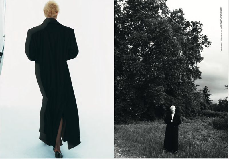 Model in black coat in a split layout showing studio and outdoor scenes for Mia Le Journal