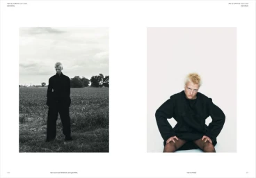 Fashion editorial magazine spread featuring a blonde male model in black outerwear posing outdoors and in a studio setting.