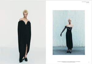 Model Michelle Laff wearing dramatic black eveningwear in a two-page fashion editorial spread for Mia Le Journal.