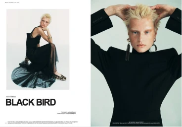 Editorial spread titled Black Bird featuring a model in a black dress with sheer panels and a structured black jacket.