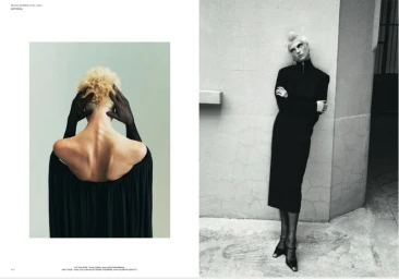 Fashion magazine editorial spread featuring model Michelle Laff in black dresses with bare back detail and a full-length portrait.