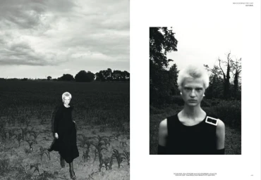 Monochrome fashion layout showing a model in a dark dress walking in a sparse field and a close-up portrait against trees.