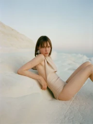 Model wearing a beige one-piece swimsuit seated on white sand dunes under an open pale sky.