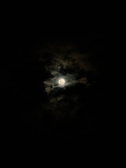 A full moon is visible in the night sky, surrounded by dark, wispy clouds. The moon is the main subject, providing a stark contrast.