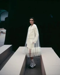 Model in an off-white tweed ensemble with a sheer tulle cape overlay standing between low platforms in a dark exhibition space.