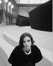 Black and white portrait of a model wearing a dark top and large crystal necklace inside a grand exhibition hall.