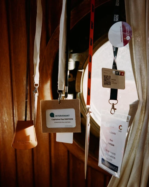 Hanging identification badges for Capitaine Paul Watson, and others, hanging near a window, with natural light illuminating the badges.