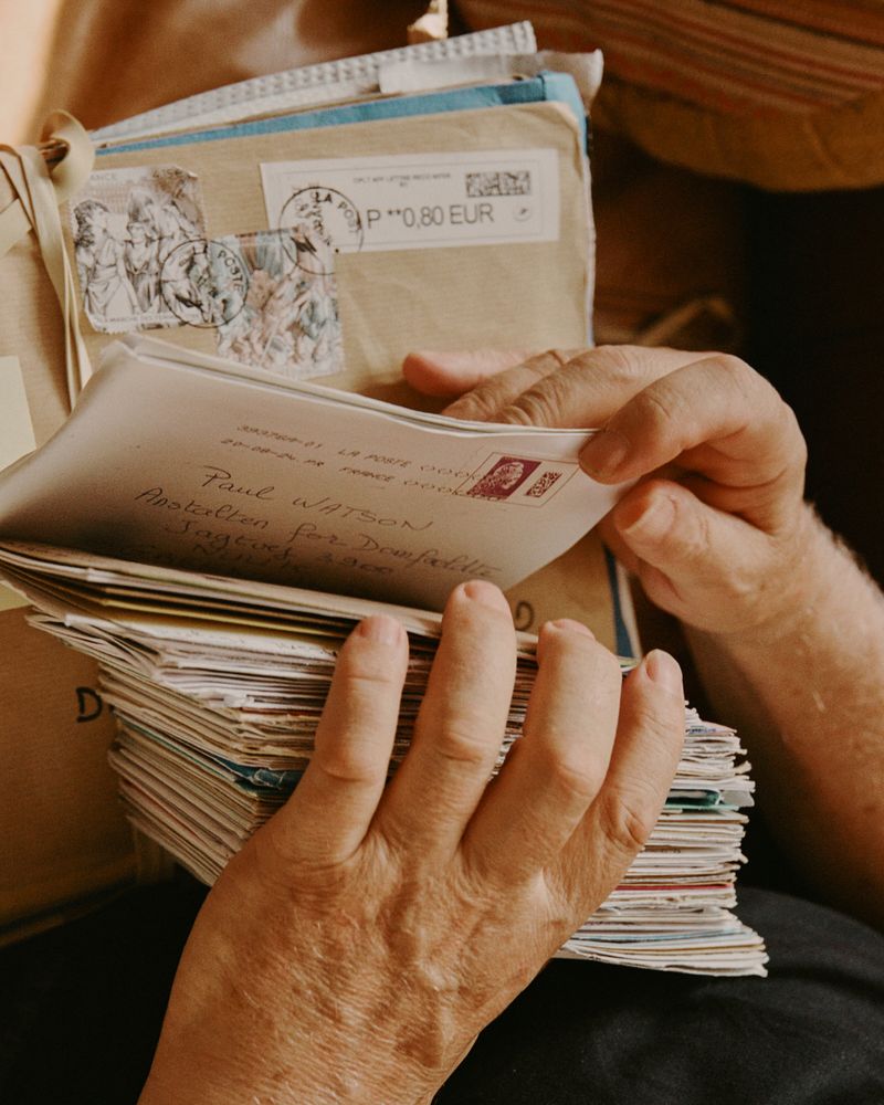 Close-up on hands holding a stack of old letters with various stamps and handwritten addresses, evoking a sense of nostalgia.
