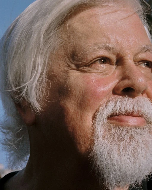 Close-up portrait of an elderly man with white hair and beard. The shot captures his face and head against a blue sky background.