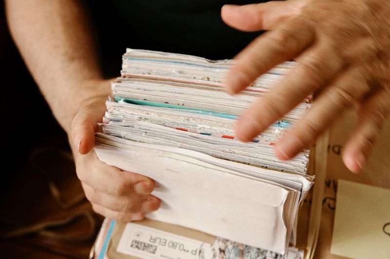 Close-up of adult hands holding a large stack of letters and envelopes, showcasing textures and personal correspondence.