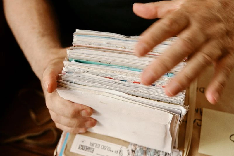 Close-up of adult hands holding a large stack of letters and envelopes, showcasing textures and personal correspondence.