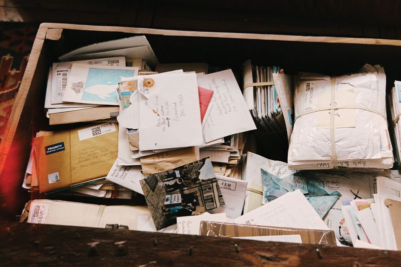 A wooden drawer filled with a large quantity of letters and correspondence of varying sizes and colours, stacked haphazardly.