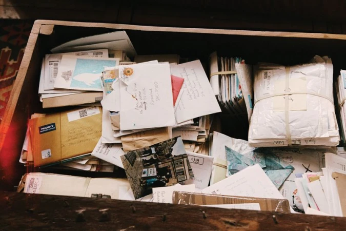 A wooden drawer filled with a large quantity of letters and correspondence of varying sizes and colours, stacked haphazardly.