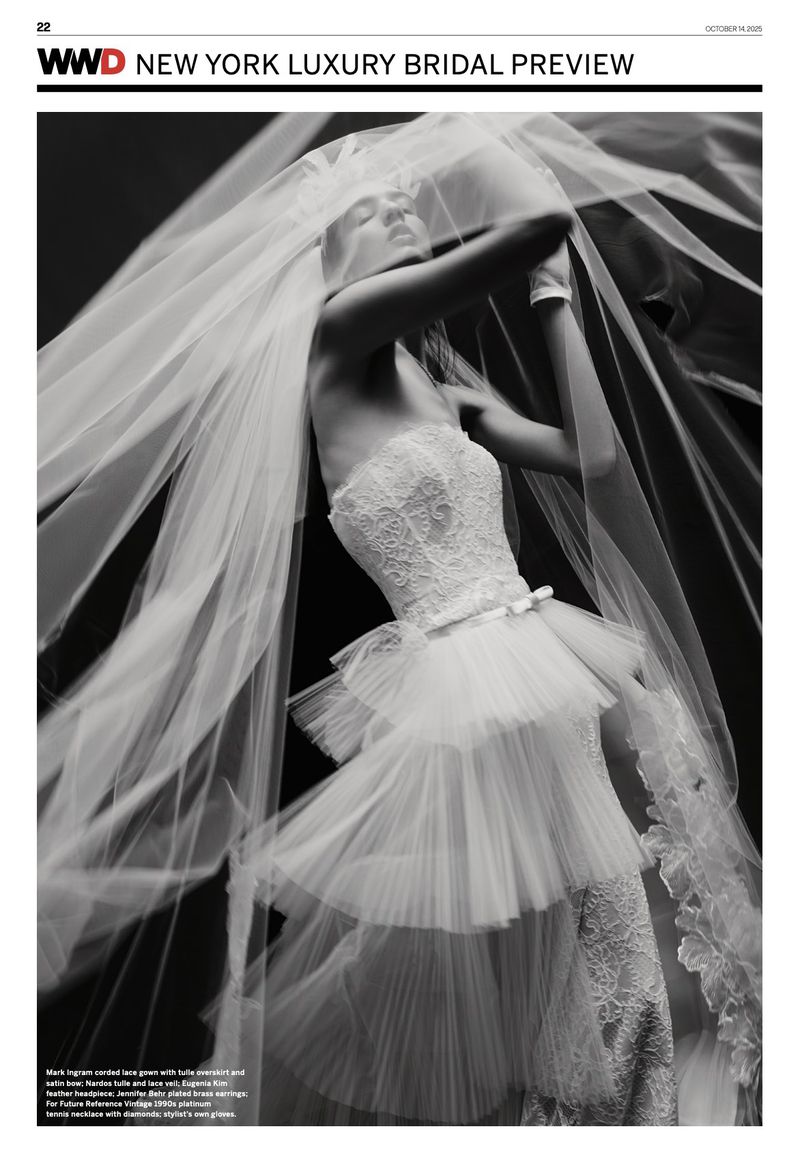 Editorial fashion shot of a woman in a white lace bridal gown with layered tulle, under a flowing tulle veil against a dark background.