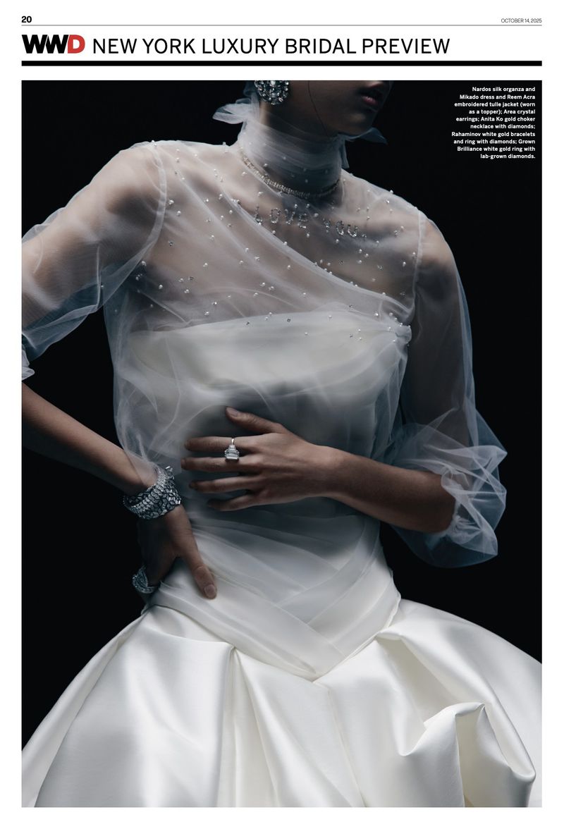 Elegant bridal fashion shoot against a dark background features a model wearing a sheer, embellished tulle dress, jewelry, and a diamond ring.