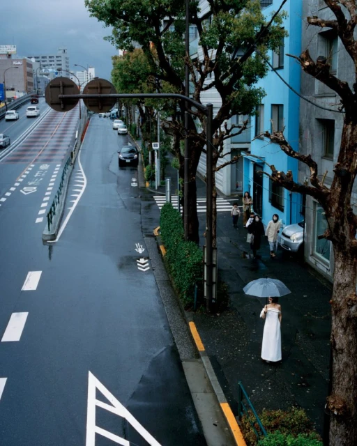 Woman in white dress stands with umbrella on city sidewalk in rainy weather with cars driving on the street and trees in the background.