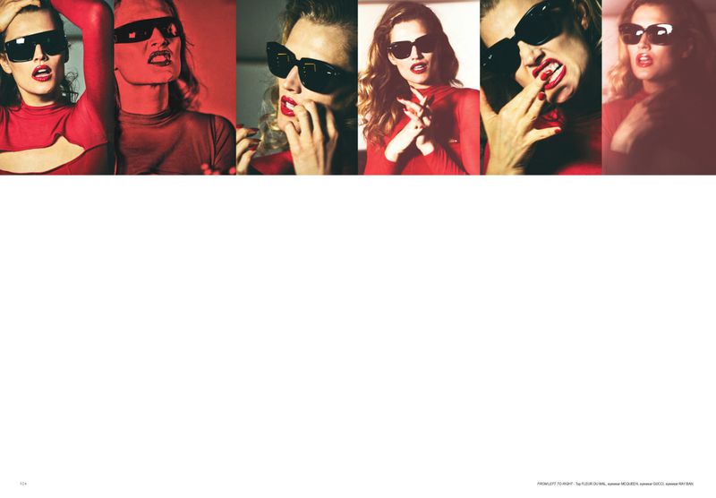 Collage of six fashionable adult women wearing sunglasses and red outfits in a photo studio with a red and white background.