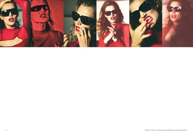 Collage of six fashionable adult women wearing sunglasses and red outfits in a photo studio with a red and white background.
