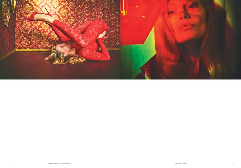 Woman in red lace jumpsuit and heels poses against ornate patterned wall in studio and close-up portrait with dramatic red lighting.