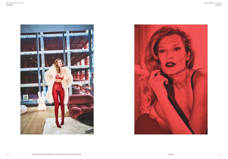 Editorial fashion shot: Woman in red lingerie, red tights, fur coat poses in apartment with large windows, with pop art red portrait.