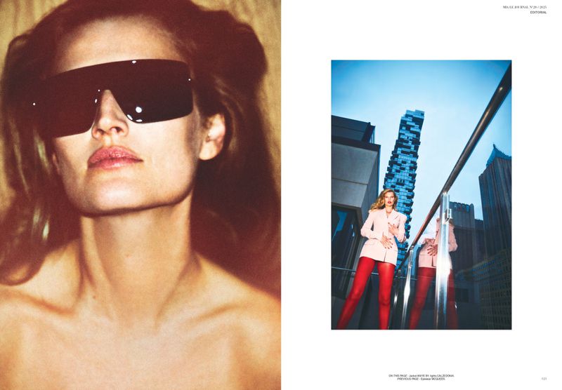 An editorial layout displays a close-up of a model wearing sunglasses and a long shot of another model in the city.  