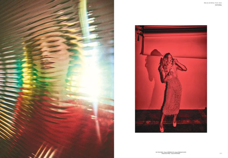 Fashion editorial shot: a woman posing with a refracted light effect and a woman in a red room with textured dress and heels.