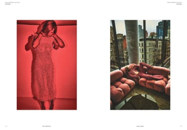 Double-page spread editorial feature for Mia Le Journal titled Obsessive Red, photographed by Guy Aroch with model Toni Garrn.