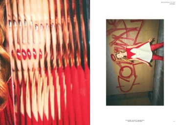 Double page spread featuring a sliced refraction photo of a woman on the left and a model in red and white standing against graffiti