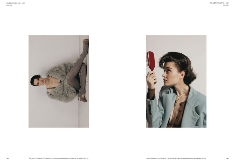 Two photos compose a fashion editorial layout: one woman in a fur coat and another holding a hairbrush, showcasing distinct style.