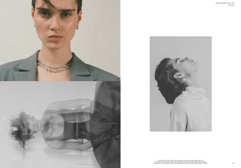 Editorial fashion layout features a woman in a grey jacket and jewelry, with an artistic double-exposure and a monochrome portrait.