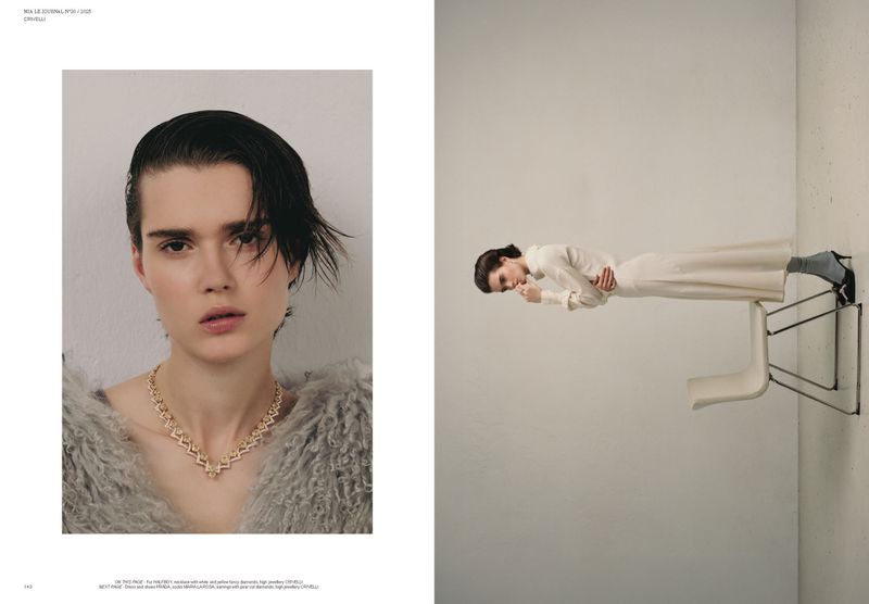 Fashion shot of a model wearing jewelry on a beige background, and an upside-down shot of a model in an all-white outfit.