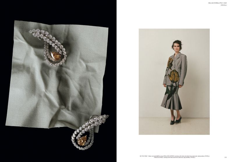 Fashion editorial shot featuring a woman in floral suit and jewelry. Diamond teardrop earrings and pendant on gray cloth on black background.