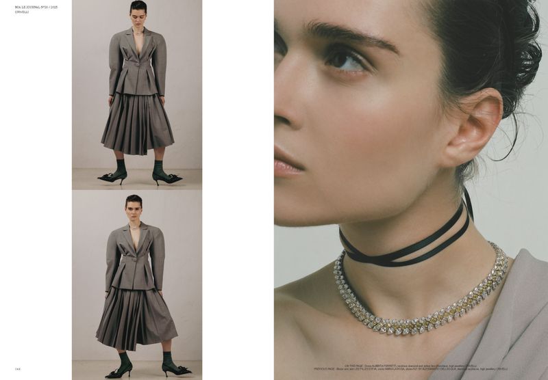 Model Elen Giunio in a pleated grey skirt suit beside a close-up showing a sparkling diamond collar necklace and black choker.
