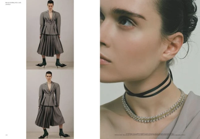 Model Elen Giunio in a pleated grey skirt suit beside a close-up showing a sparkling diamond collar necklace and black choker.