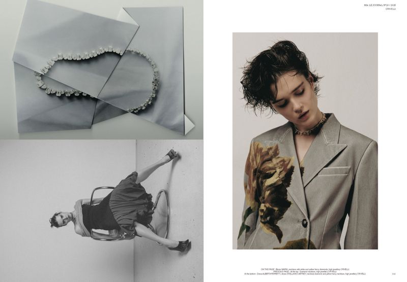 Editorial shot: Woman in blazer, necklace close-up, upside-down chair pose, and gem necklace in envelope offer modern jewelry.