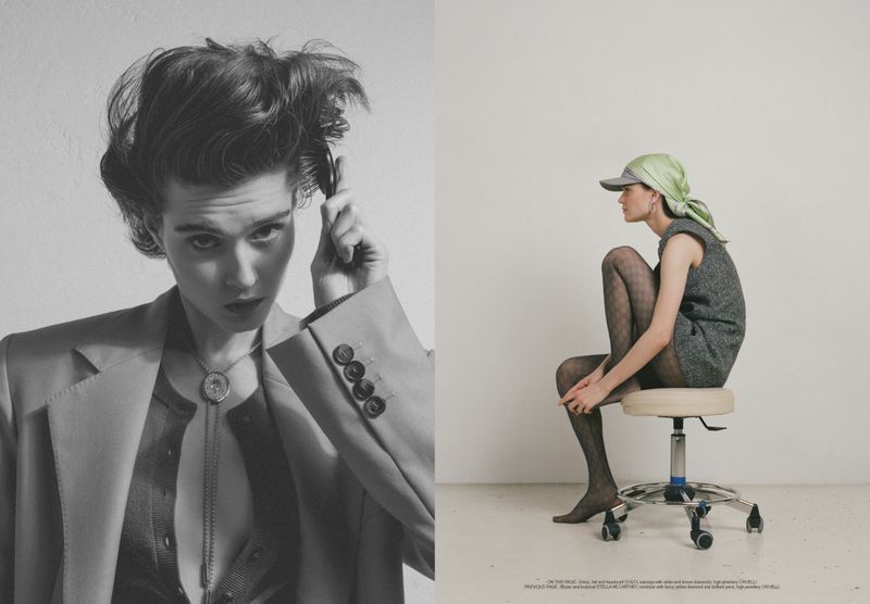 Split-screen editorial fashion shot of a woman in a blazer styling her hair and another in a dress sitting on a rolling stool.