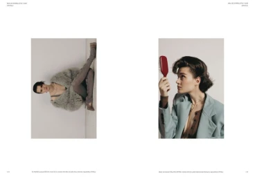 Editorial magazine spread featuring model Elen Giunio in a grey shaggy coat and a light blue tailored blazer holding a red hairbrush.