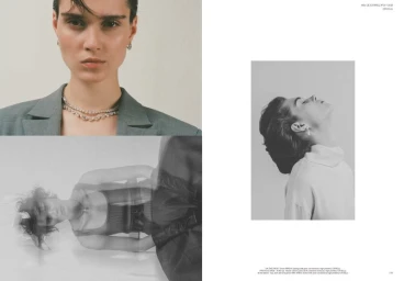 Editorial magazine spread featuring portraits of model Elen Giunio wearing fine diamond jewelry and tailored apparel.