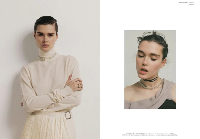 Editorial magazine spread of model Elen Giunio wearing cream knitwear and luxury choker jewellery against pale studio backdrops.